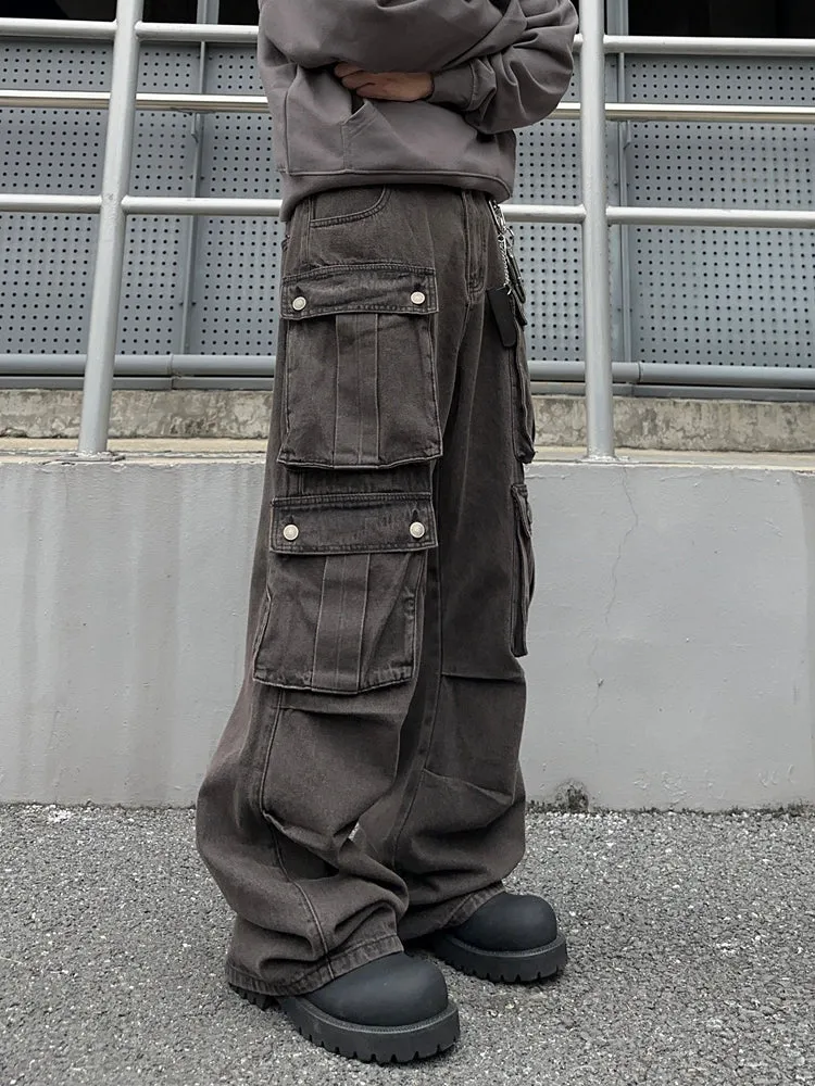 Distressed Brown Multi-Pocket Cargo Pants