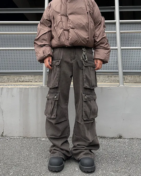 Distressed Brown Multi-Pocket Cargo Pants