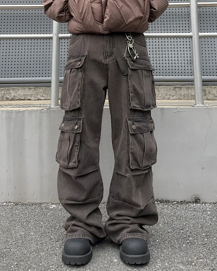 Distressed Brown Multi-Pocket Cargo Pants