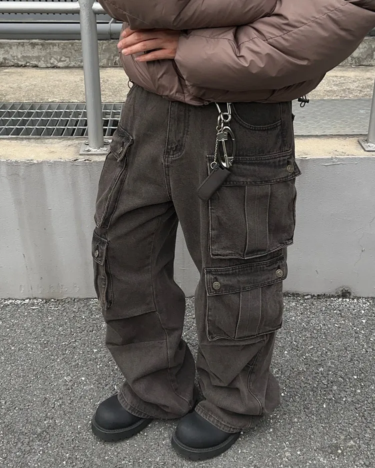 Distressed Brown Multi-Pocket Cargo Pants