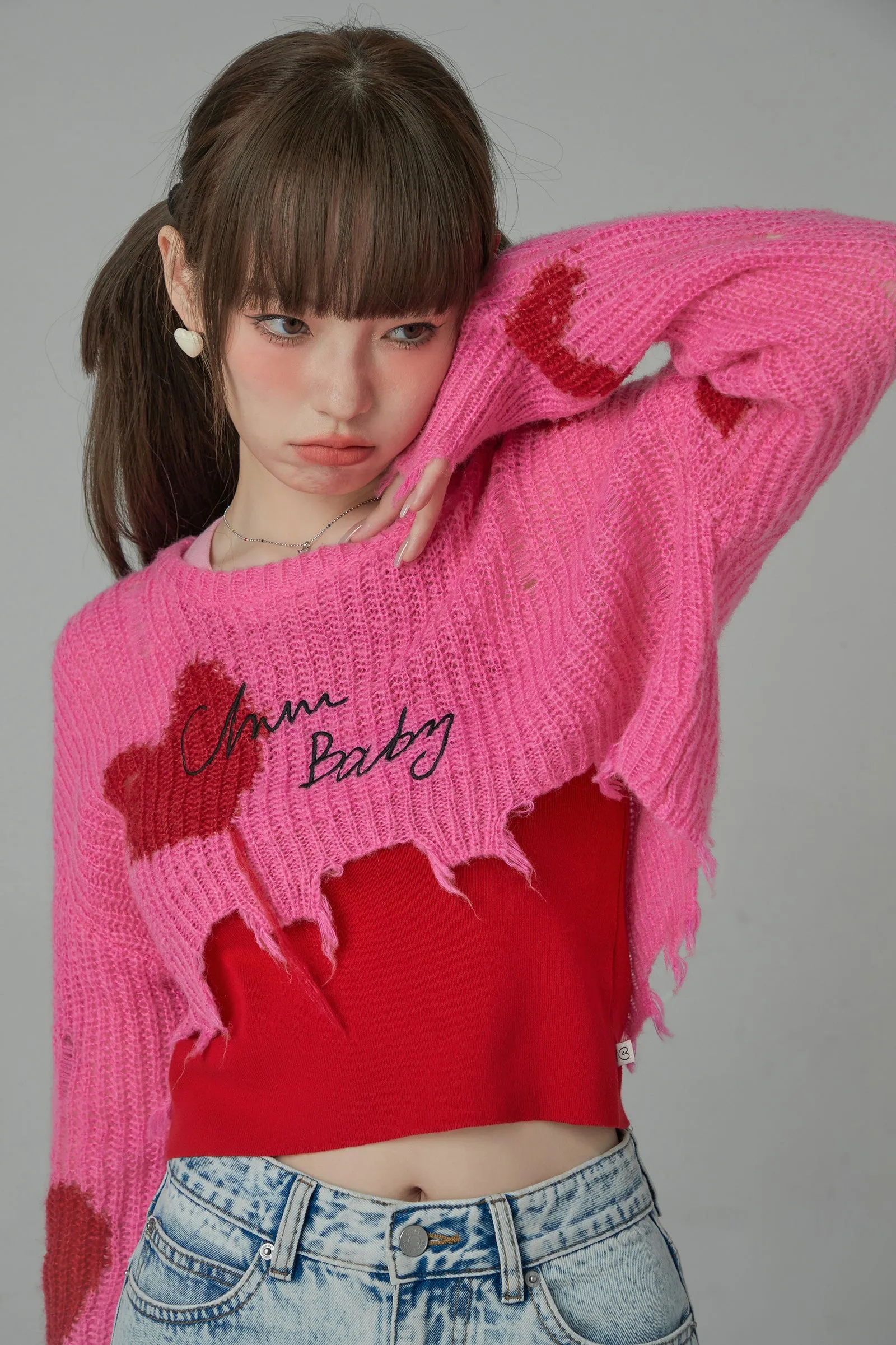 Distressed Heart Cropped Knit Sweater