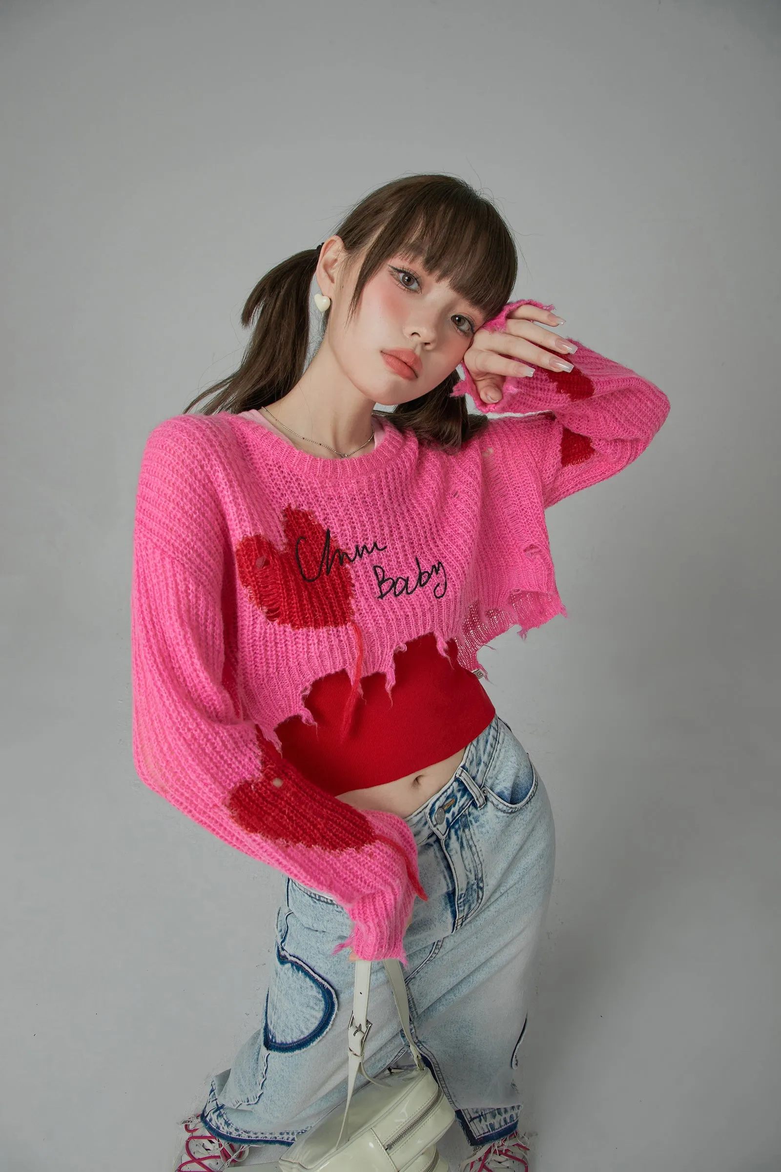 Distressed Heart Cropped Knit Sweater