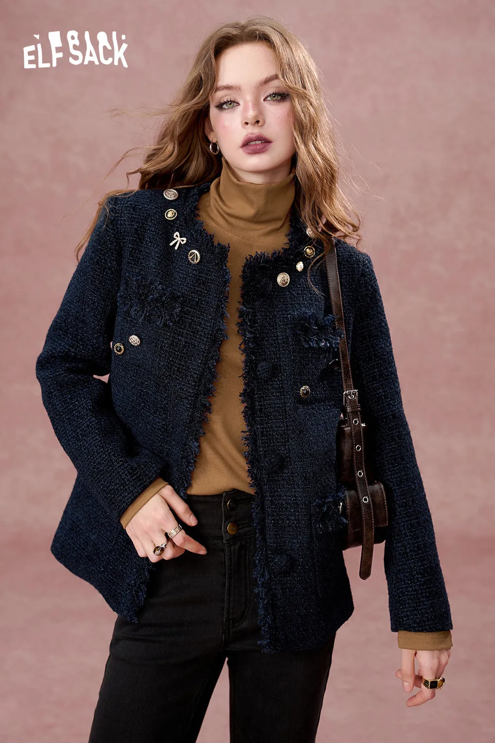 ELFSACK 2024 Autumn New Arrivals Versatile navy blue tweed short woolen coat for women