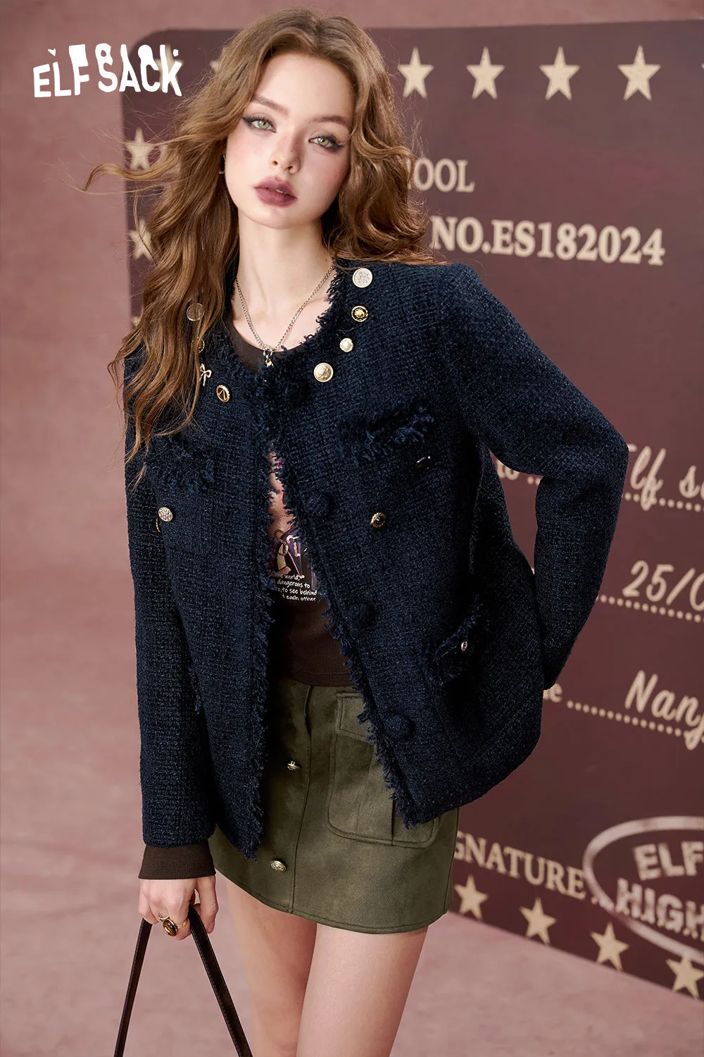 ELFSACK 2024 Autumn New Arrivals Versatile navy blue tweed short woolen coat for women