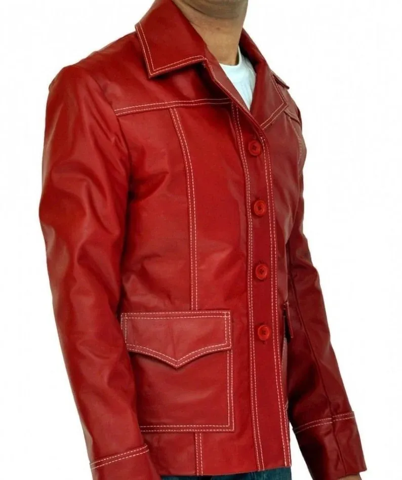 Fight Club Brad Pitt Red Real Leather Jacket