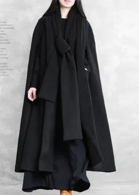 Fine oversize long coat black pockets Extra large hem woolen outwear