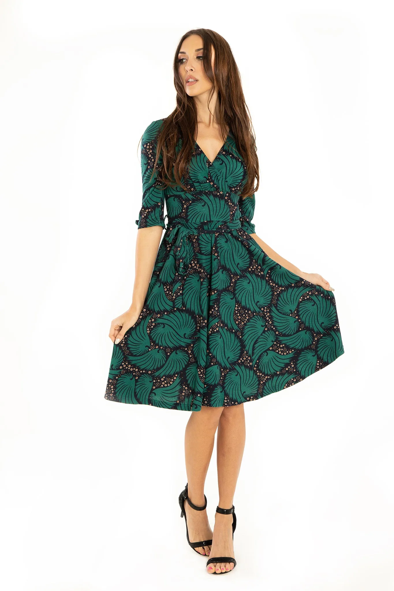 Forest Green Feathers 3/4 Sleeve Knit Dress