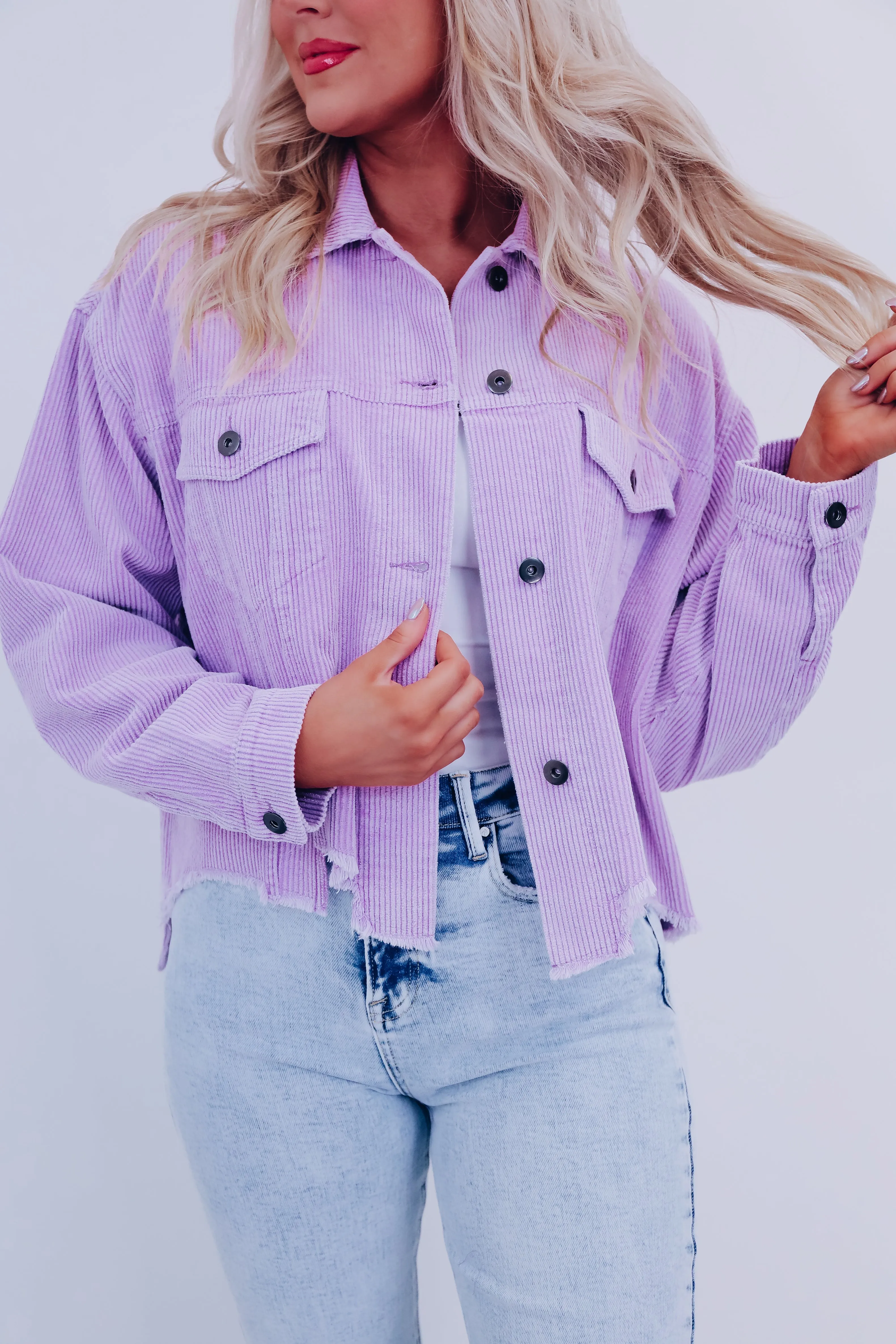 Frayed Hem Corduroy Shacket - Lavender