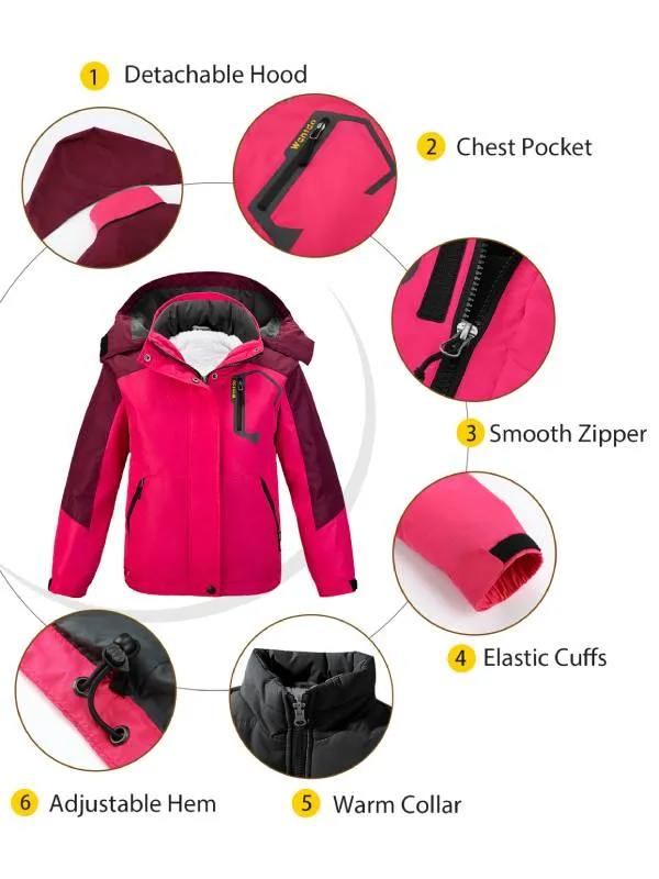 Girls 3 in 1 Waterproof Ski Jacket Warm Fleece Hooded Coat