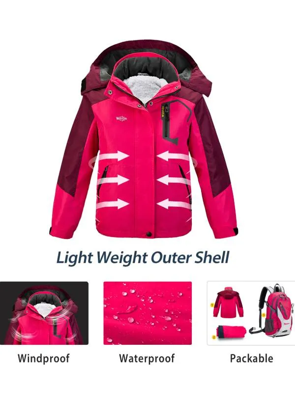 Girls 3 in 1 Waterproof Ski Jacket Warm Fleece Hooded Coat