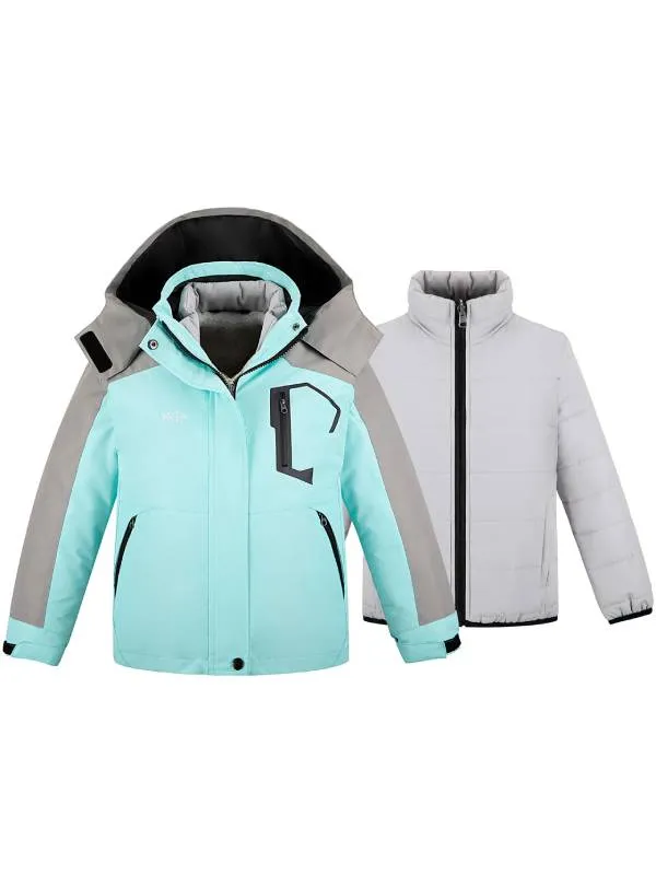 Girls 3 in 1 Waterproof Ski Jacket Warm Fleece Hooded Coat