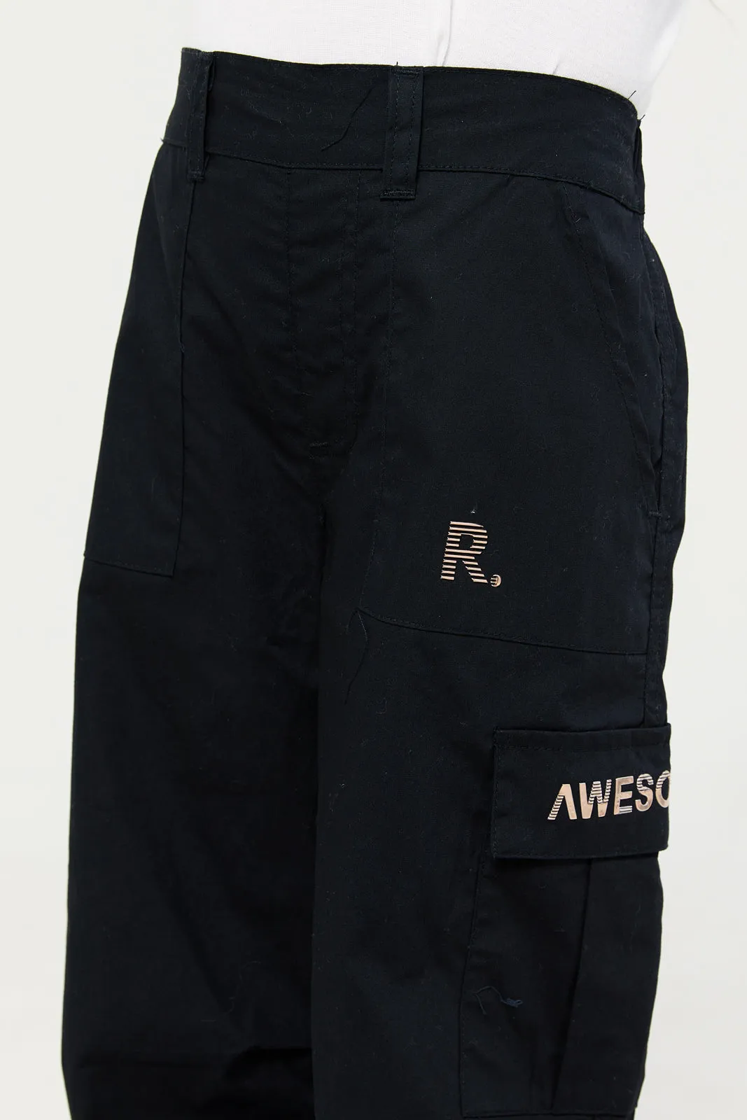 Girls Black Cargo With R Logo Trouser