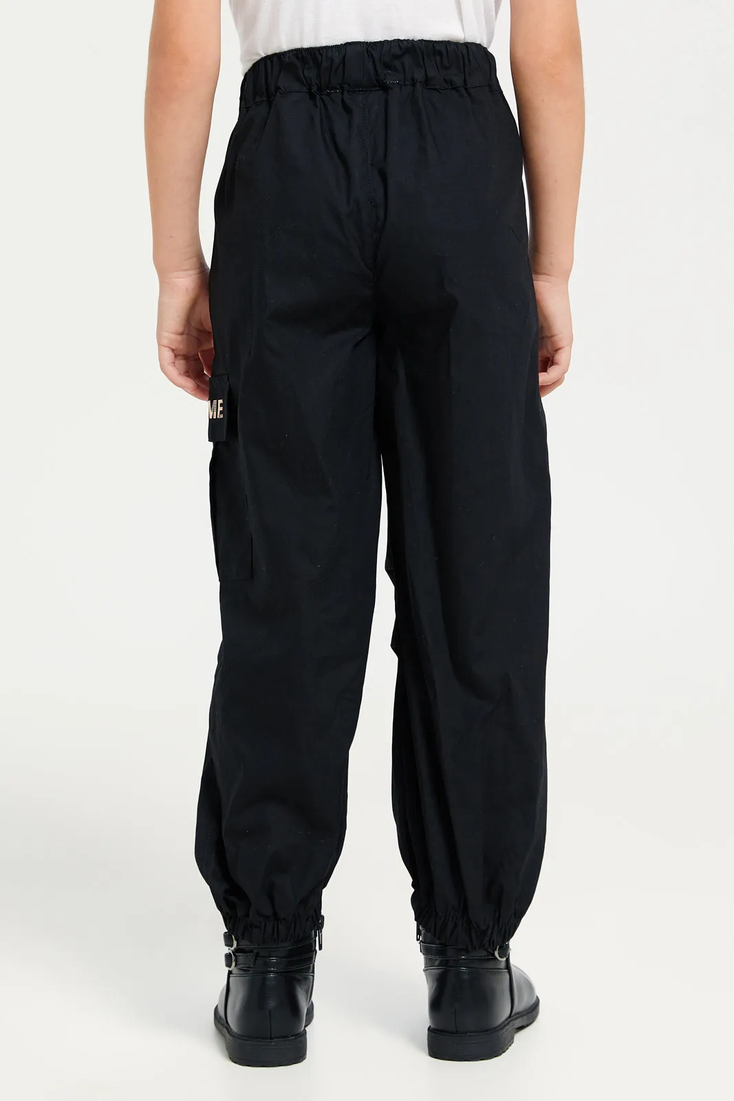 Girls Black Cargo With R Logo Trouser