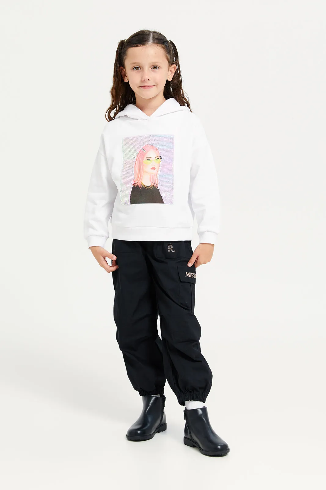 Girls Black Cargo With R Logo Trouser