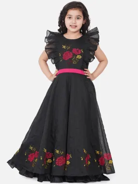 Girl's Black Embroidered Flutter Sleeves Maxi Dress - NOZ2TOZ KIDS