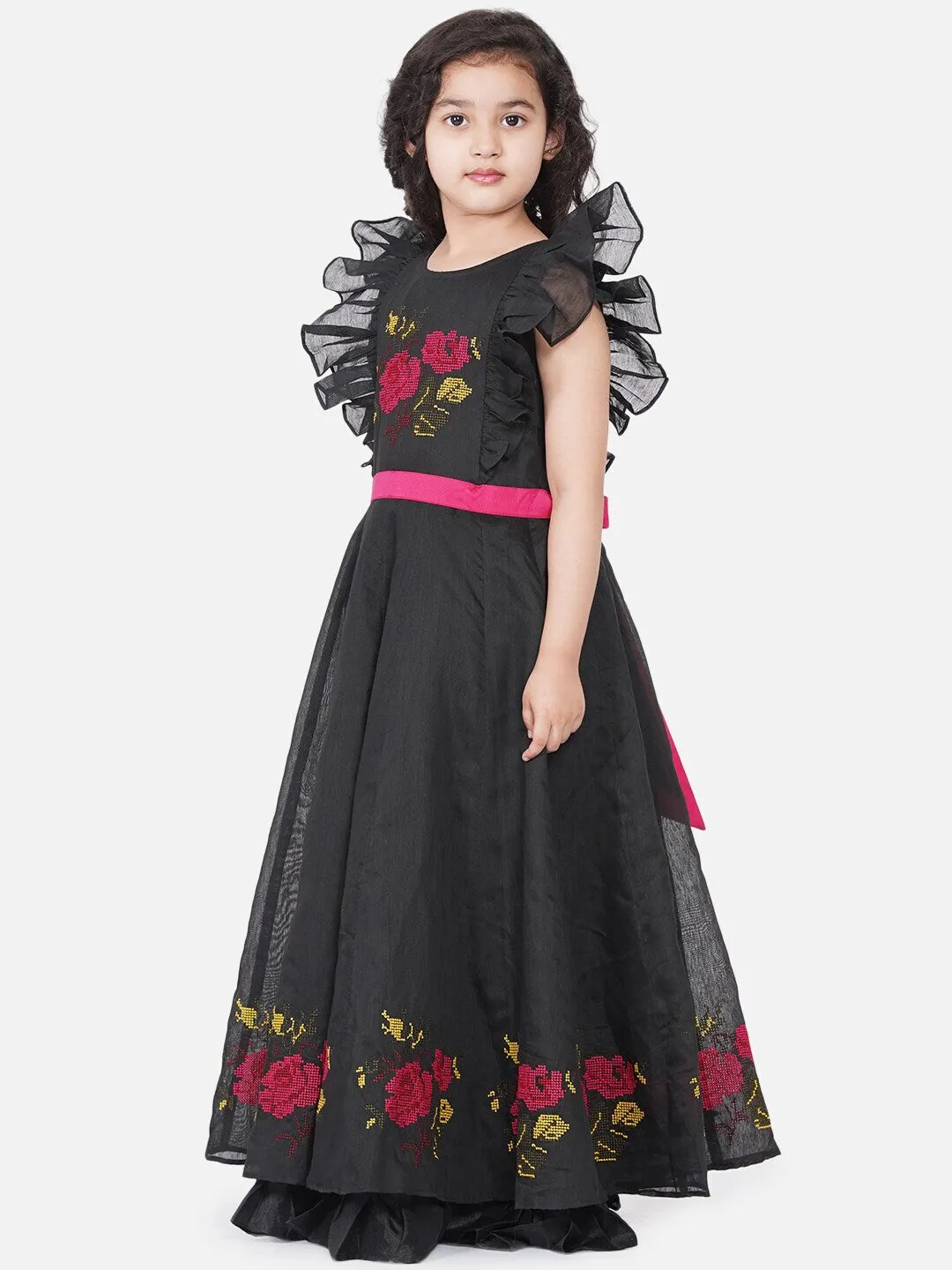 Girl's Black Embroidered Flutter Sleeves Maxi Dress - NOZ2TOZ KIDS