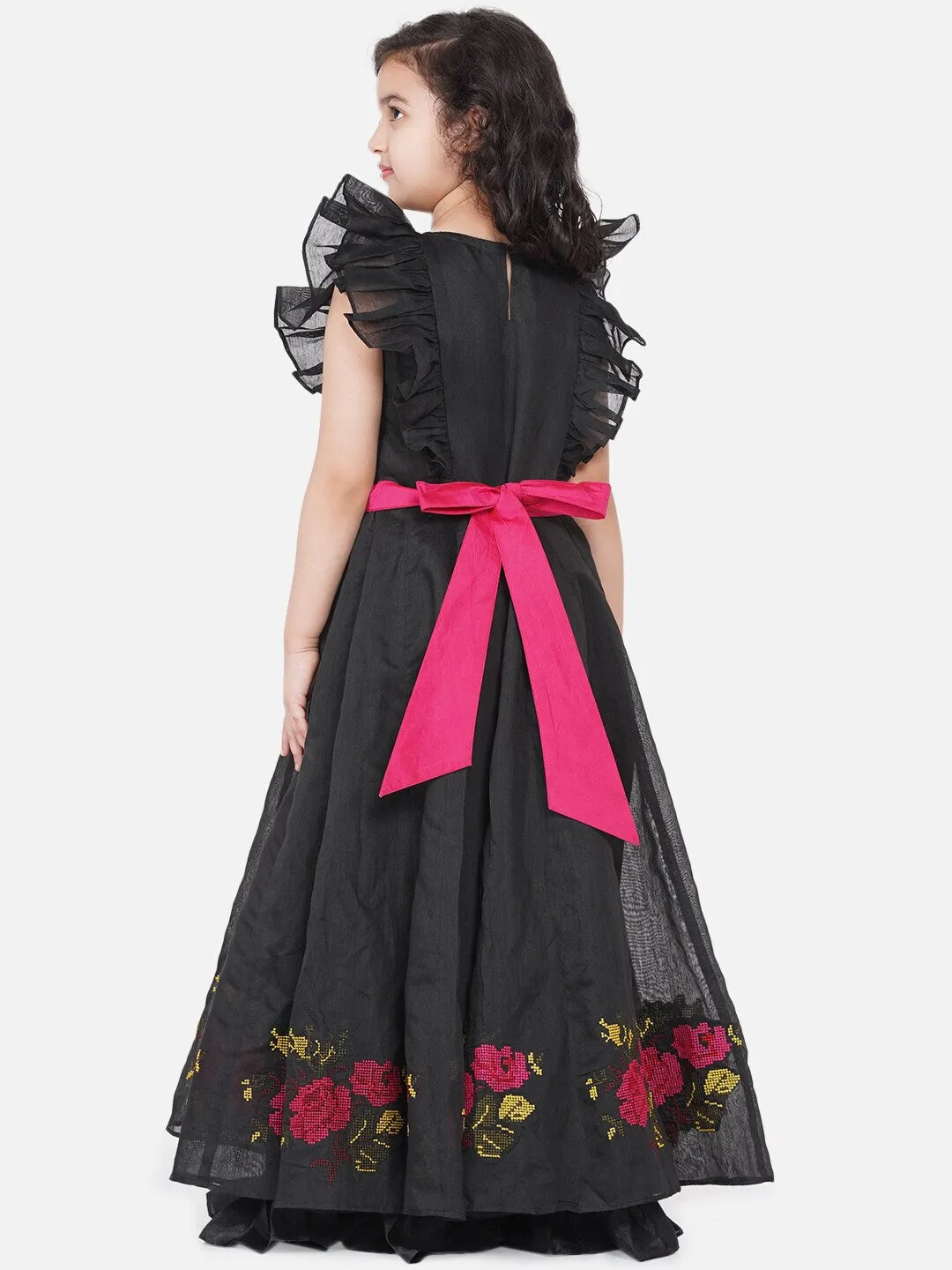 Girl's Black Embroidered Flutter Sleeves Maxi Dress - NOZ2TOZ KIDS