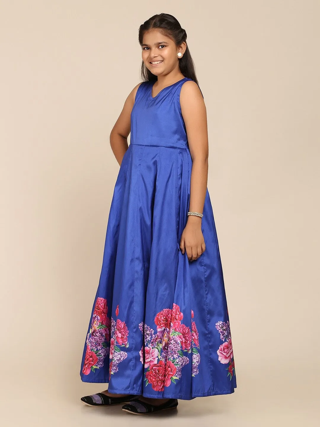 Girls Blue Floral Maxi Gown Dress