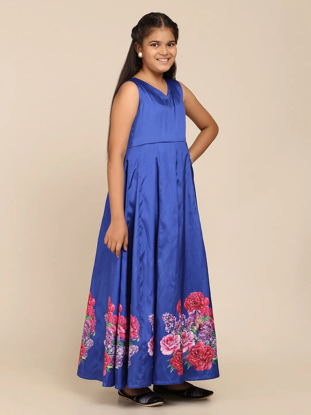 Girls Blue Floral Maxi Gown Dress