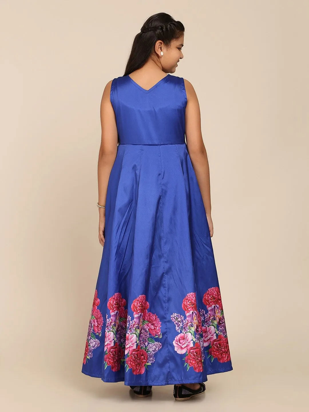 Girls Blue Floral Maxi Gown Dress