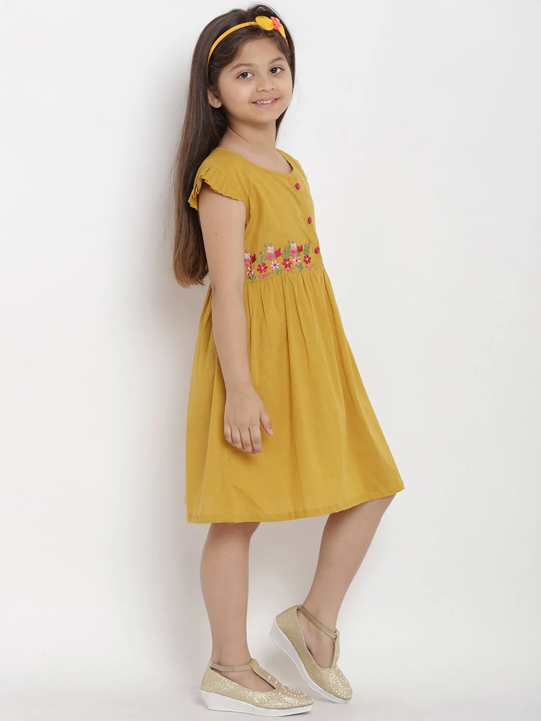 Girl's Mustard Empire Dress  - NOZ2TOZ KIDS