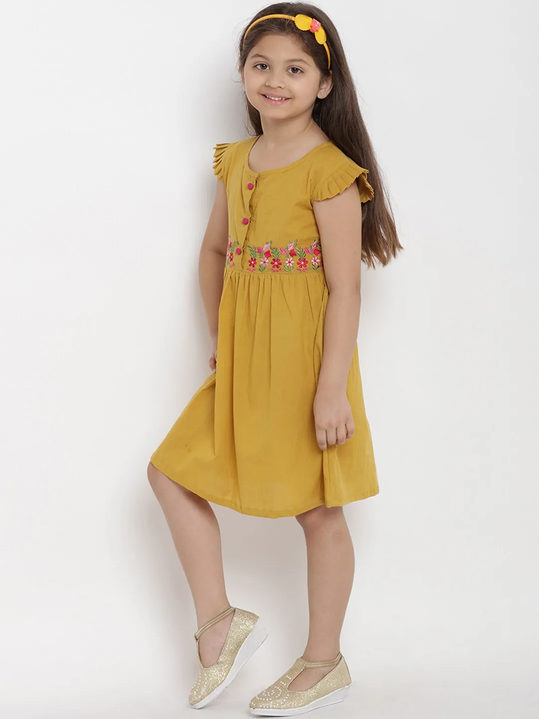 Girl's Mustard Empire Dress  - NOZ2TOZ KIDS