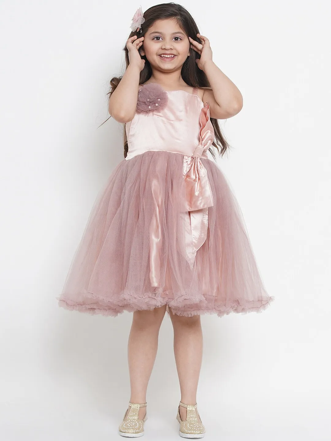 Girl's Peach Colourblocked Fit And Flare Dress  - NOZ2TOZ KIDS