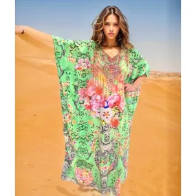 Green Salena Maya Silk Mix Bling Kaftan.                                 Sizes Available AU 12-28