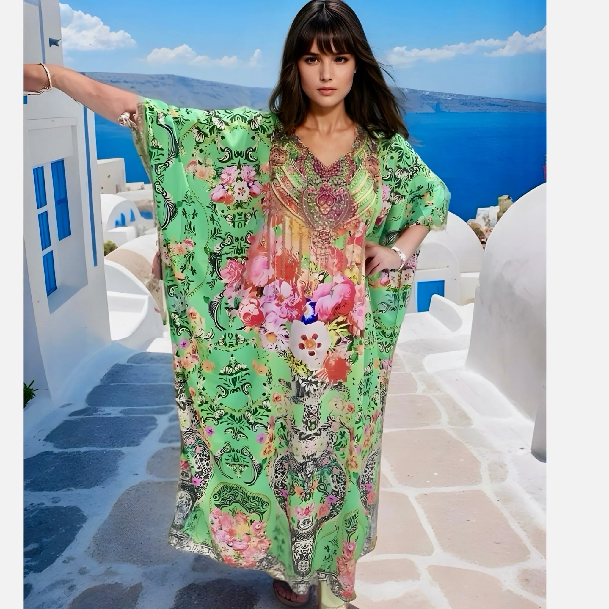 Green Salena Maya Silk Mix Bling Kaftan.                                 Sizes Available AU 12-28