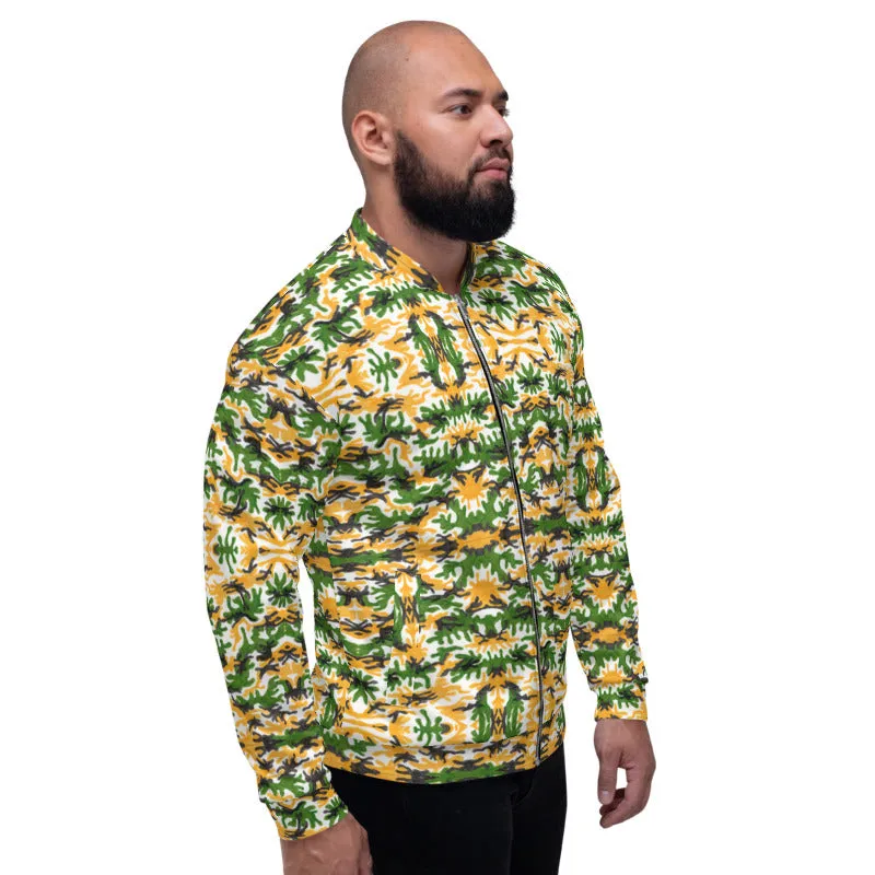 Green Yellow Camo Bomber Jacket, Camouflage Unisex Jacket For Men Women-Made in EU