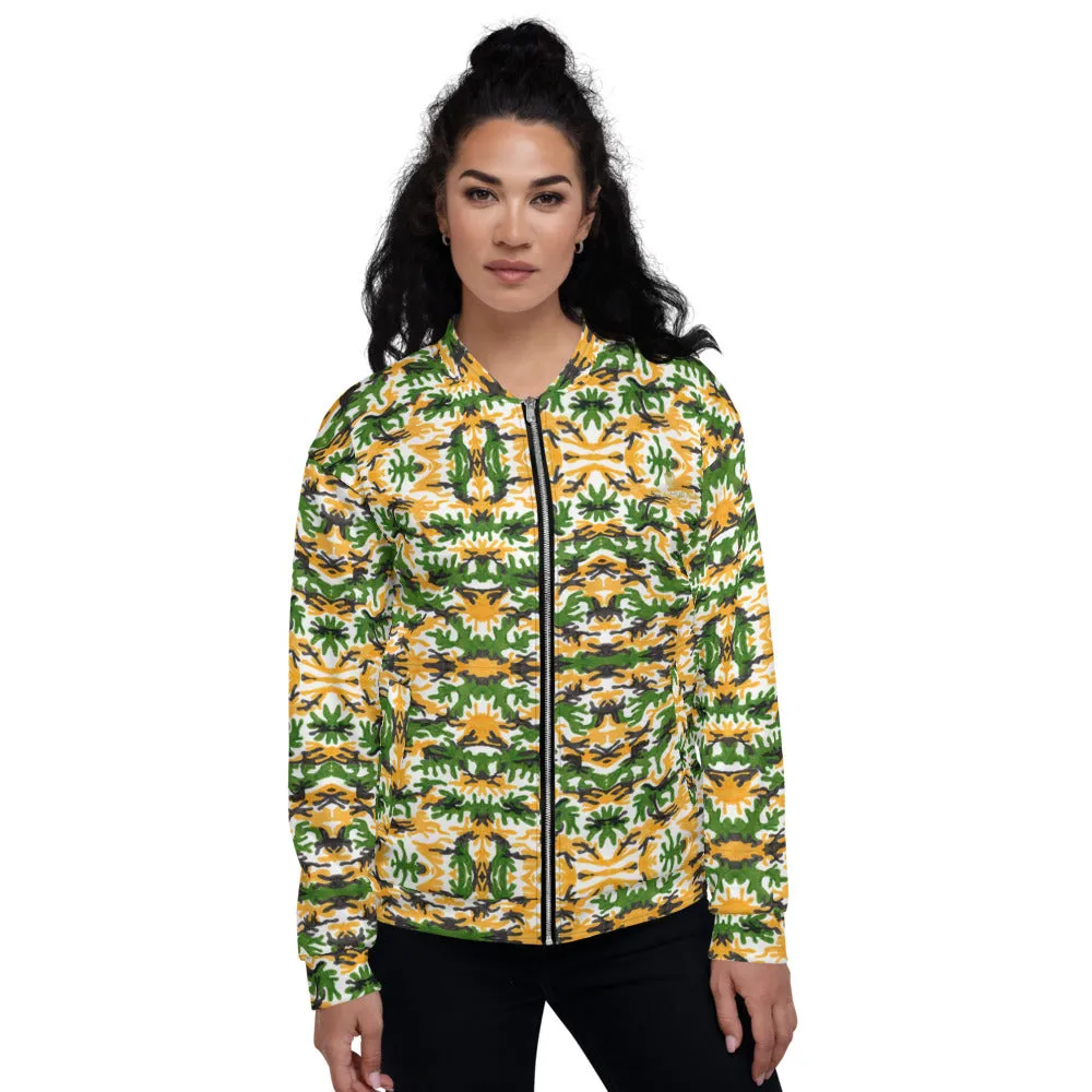 Green Yellow Camo Bomber Jacket, Camouflage Unisex Jacket For Men Women-Made in EU