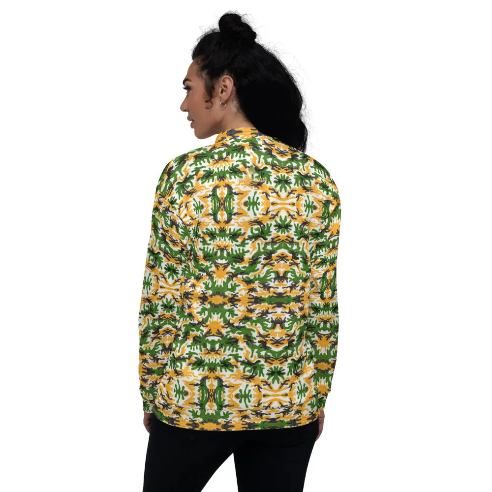 Green Yellow Camo Bomber Jacket, Camouflage Unisex Jacket For Men Women-Made in EU