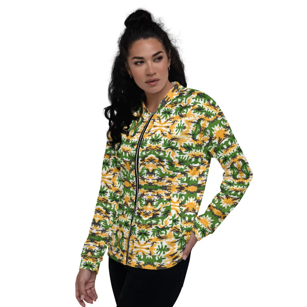 Green Yellow Camo Bomber Jacket, Camouflage Unisex Jacket For Men Women-Made in EU