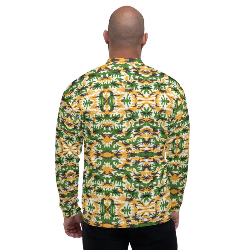 Green Yellow Camo Bomber Jacket, Camouflage Unisex Jacket For Men Women-Made in EU