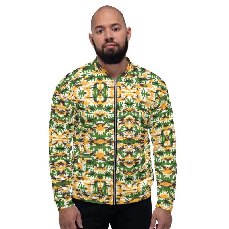 Green Yellow Camo Bomber Jacket, Camouflage Unisex Jacket For Men Women-Made in EU