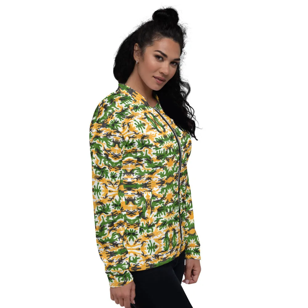 Green Yellow Camo Bomber Jacket, Camouflage Unisex Jacket For Men Women-Made in EU