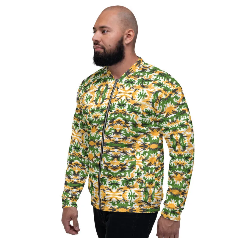 Green Yellow Camo Bomber Jacket, Camouflage Unisex Jacket For Men Women-Made in EU