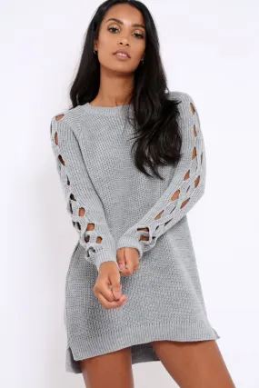 Grey Cable Knit Jumper Dress with Cut out Detail - Daysie