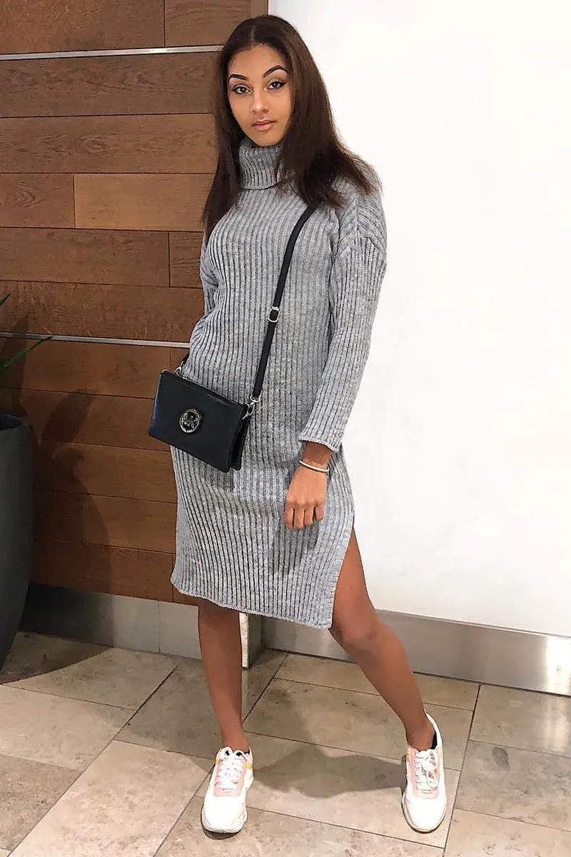 Grey Knitted Roll Neck Jumper Dress - Cecily