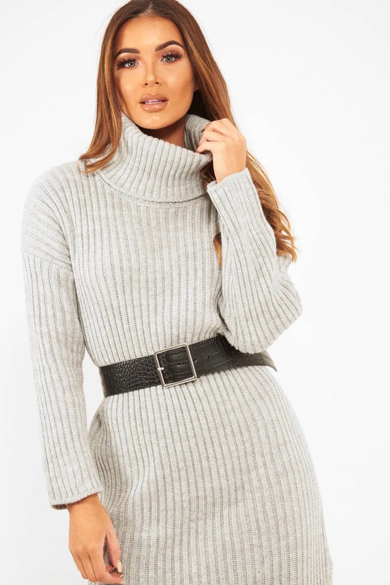 Grey Knitted Roll Neck Jumper Dress - Cecily