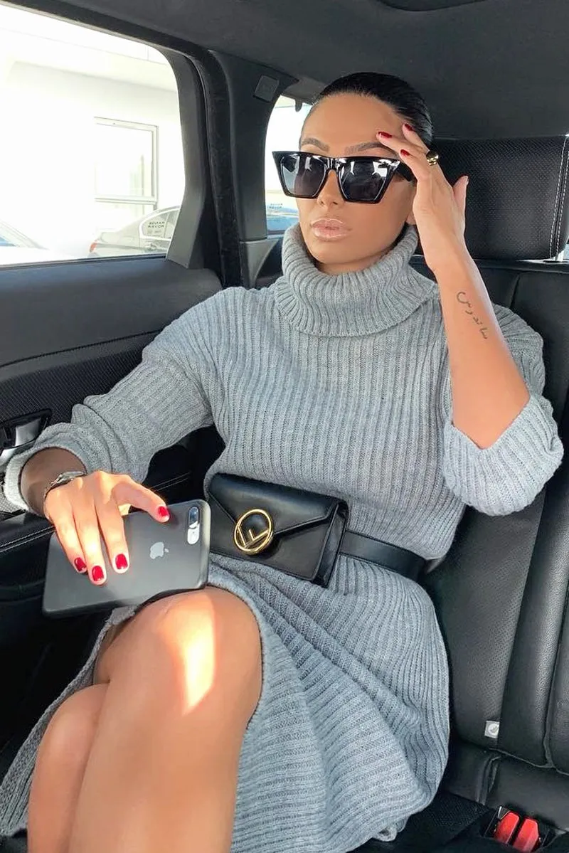 Grey Knitted Roll Neck Jumper Dress - Cecily