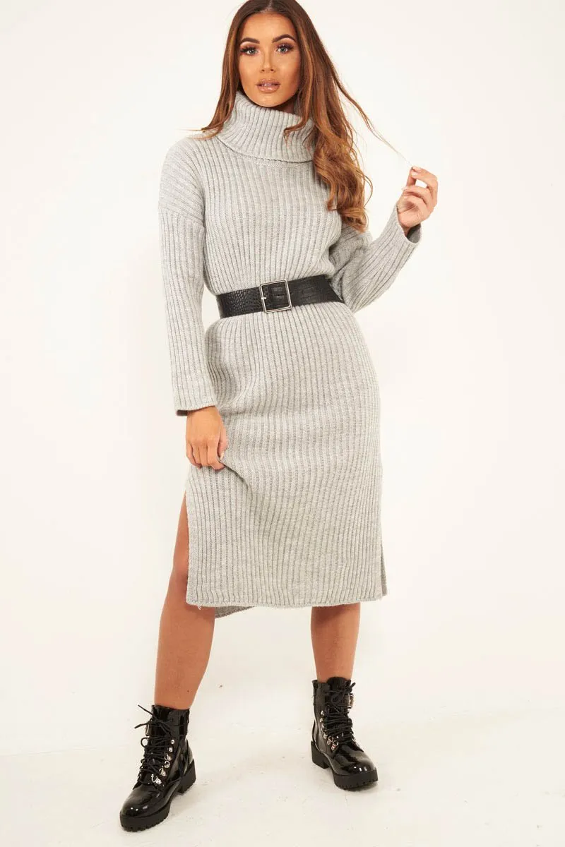 Grey Knitted Roll Neck Jumper Dress - Cecily