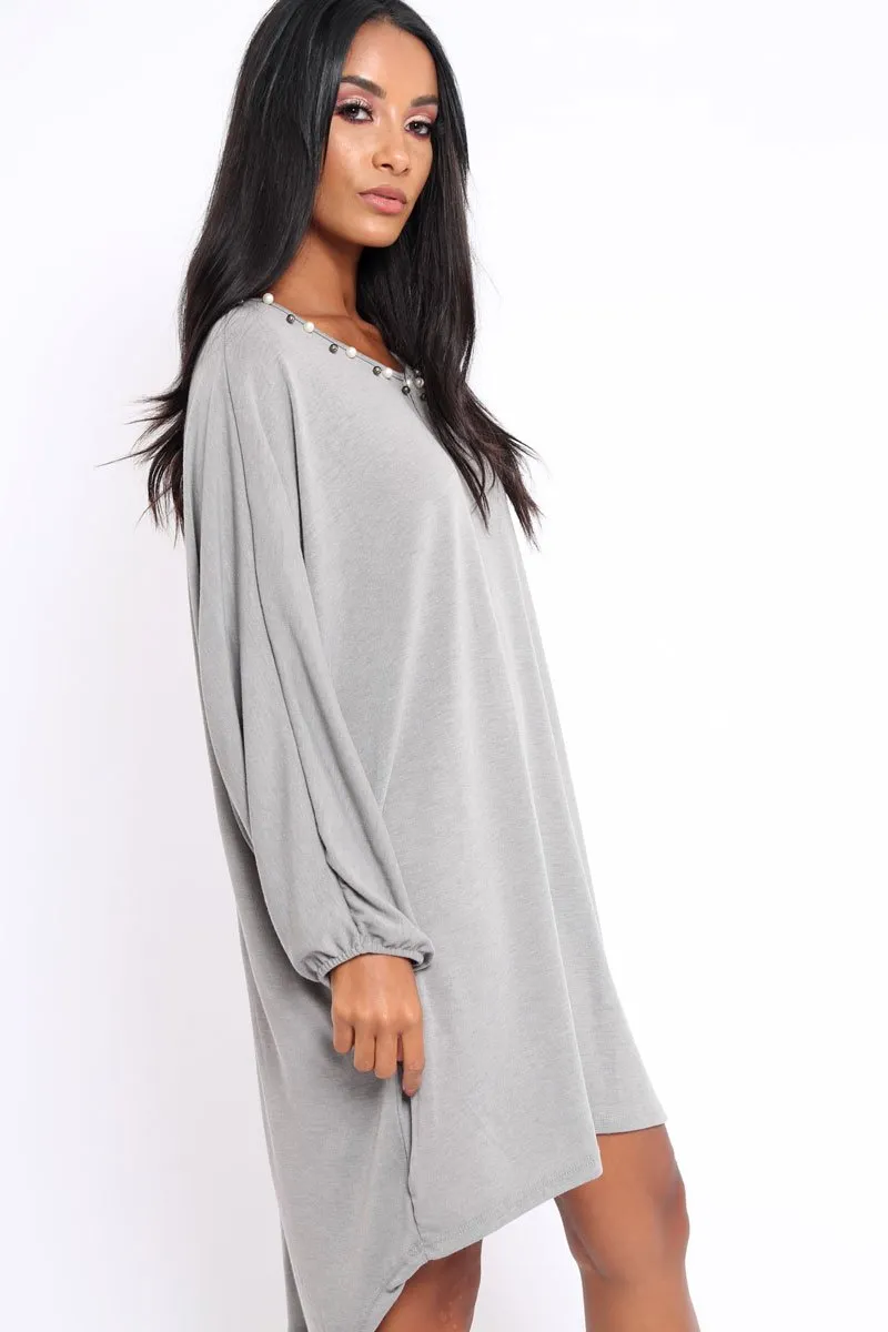 Grey Pearl Detail Jumper Dress - Ammi