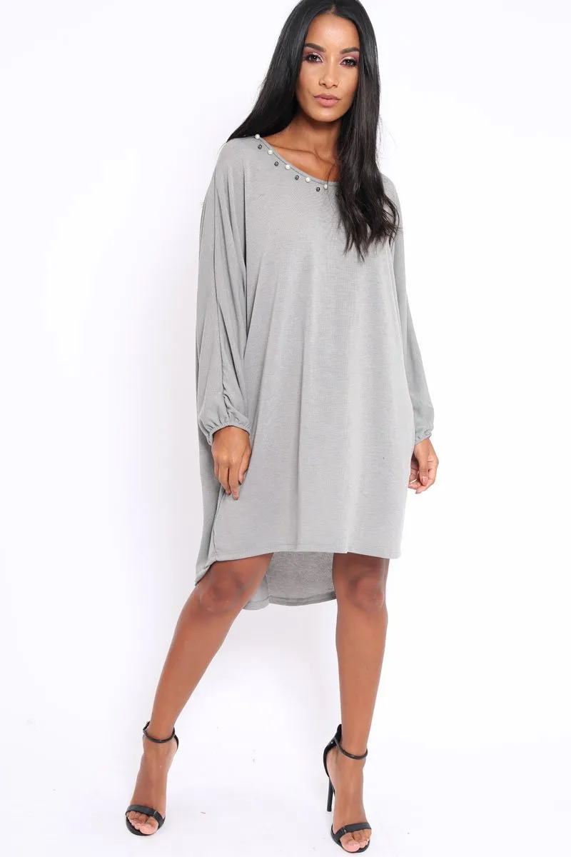 Grey Pearl Detail Jumper Dress - Ammi