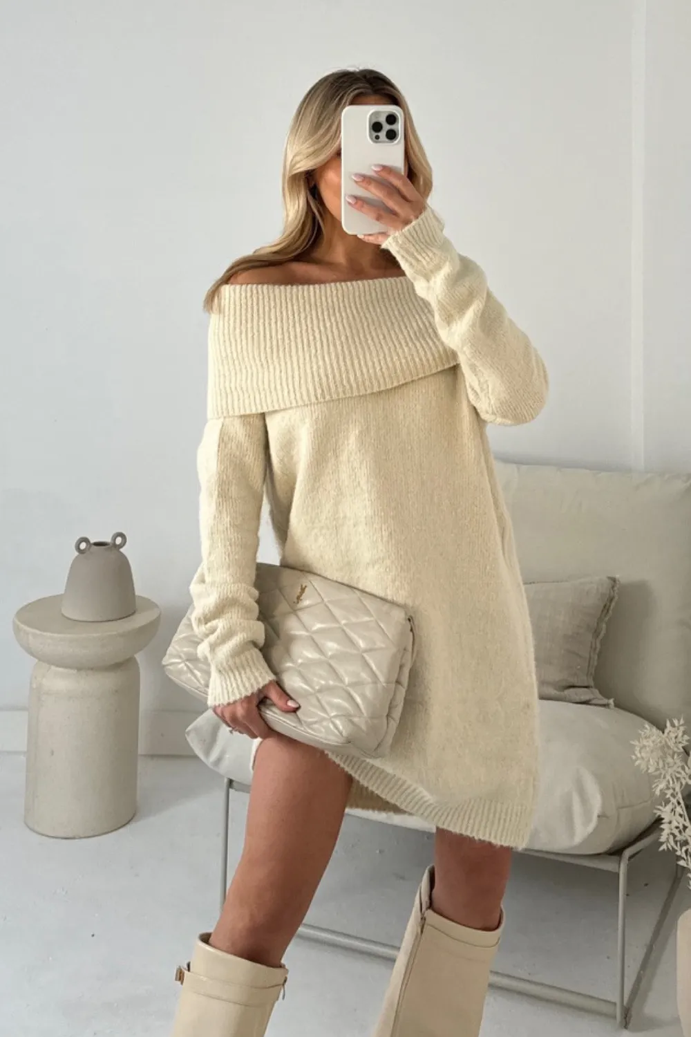 Hazel cream off the shoulder knit jumper dress