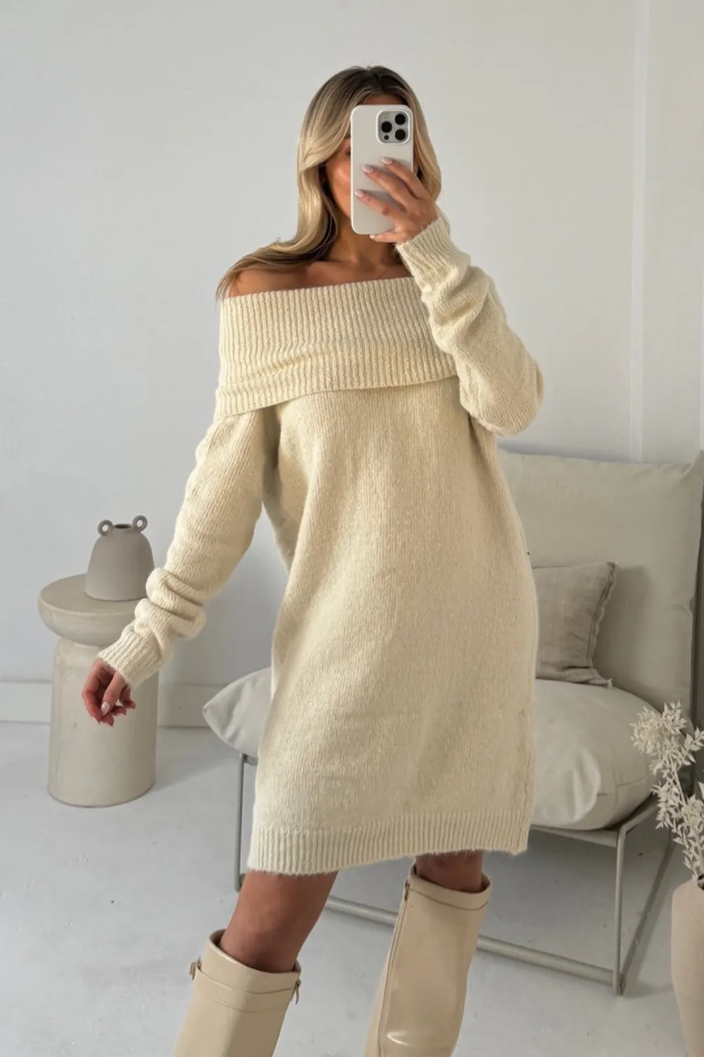 Hazel cream off the shoulder knit jumper dress