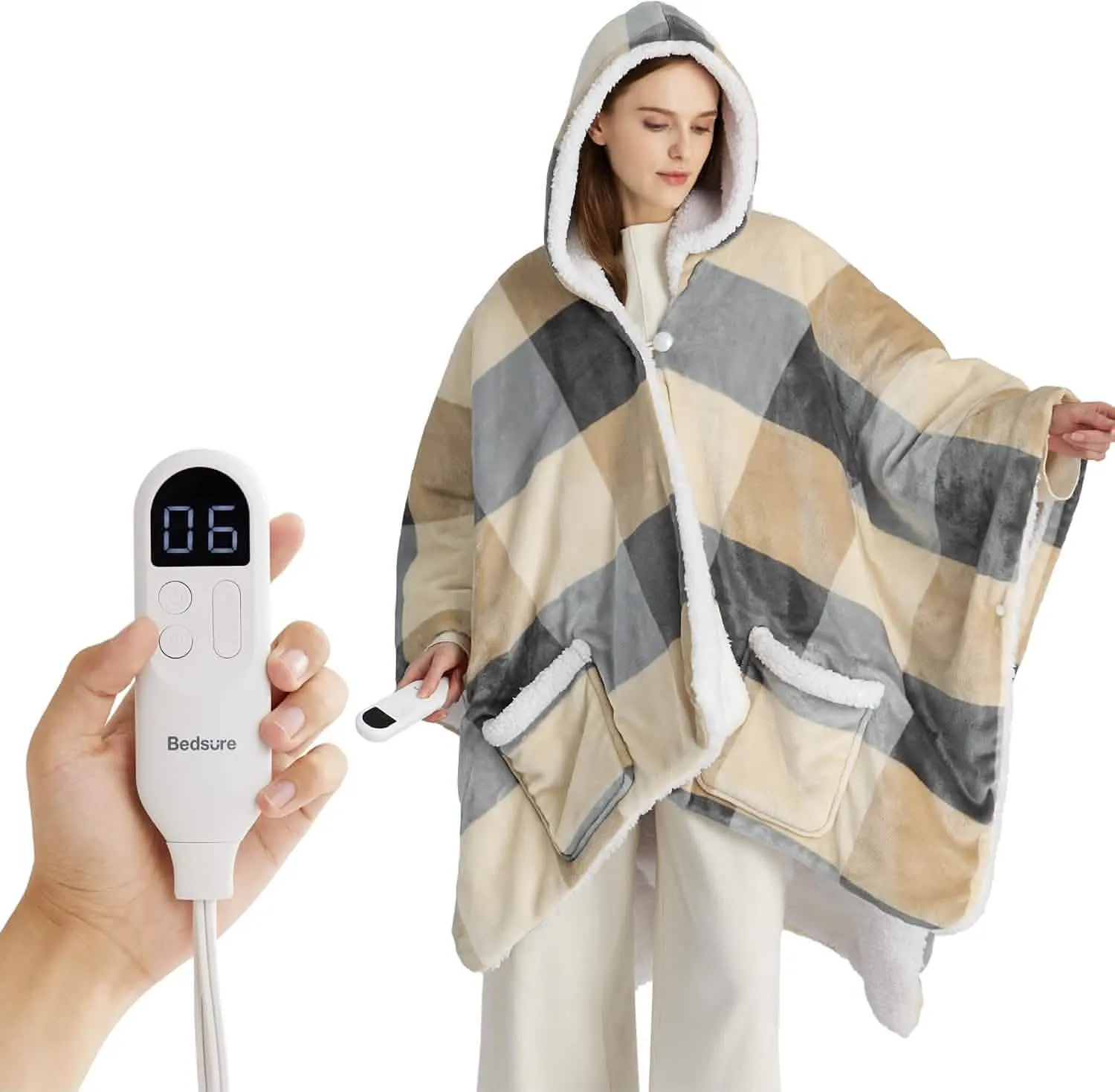 Heated Sherpa Fleece Blanket Hoddie Beige Plaid