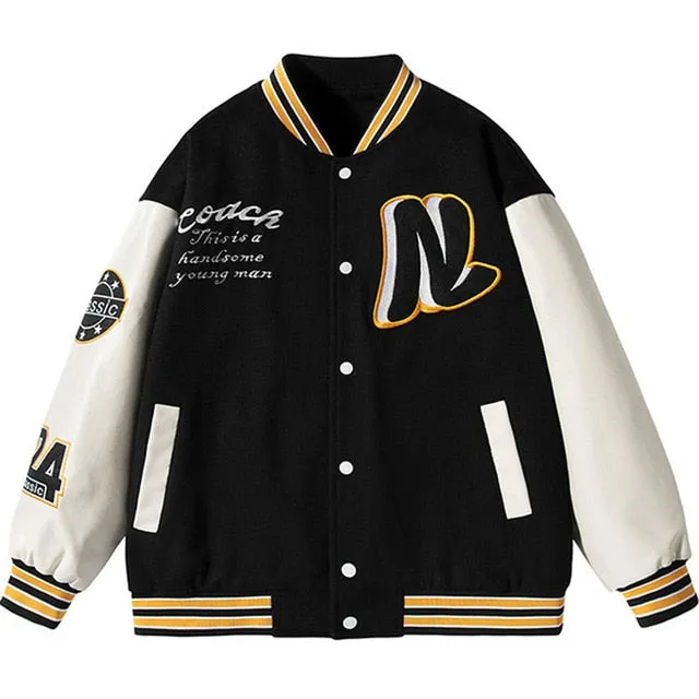 Hip Hop Men Varsity Jacket Puzzle Letter Embroidery Patchwork Retro Jacket Spring Woman PU Leather Bomber Coat Men's Clothing