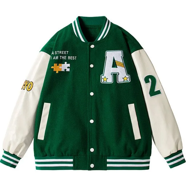 Hip Hop Men Varsity Jacket Puzzle Letter Embroidery Patchwork Retro Jacket Spring Woman PU Leather Bomber Coat Men's Clothing