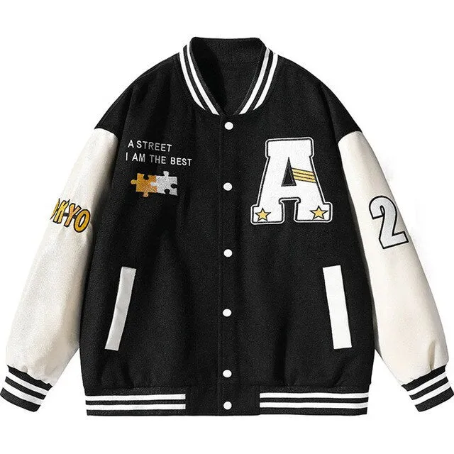 Hip Hop Men Varsity Jacket Puzzle Letter Embroidery Patchwork Retro Jacket Spring Woman PU Leather Bomber Coat Men's Clothing